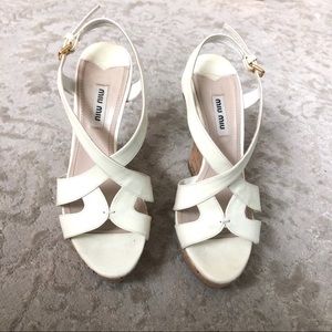 Miu Miu white patent leather cork wedges